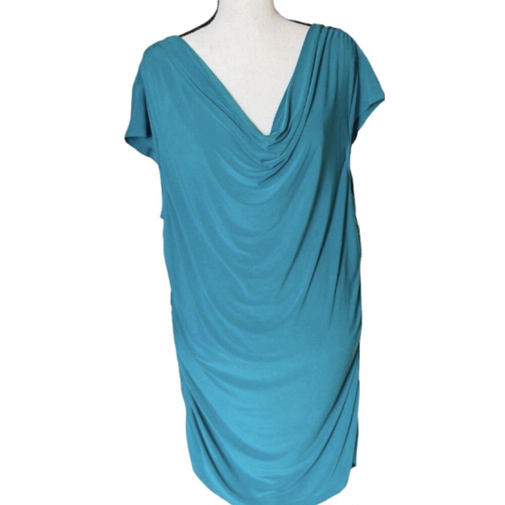 Cato Womens XL Teal Cowl Neck Draped Tunic Top Ruched Stretch Longline 42 Bust
